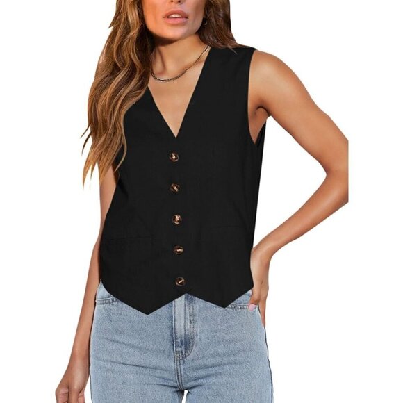 No Brand Tops - Womens Black Casual Button Down Sleeveless Vest Waistcoat with Pocket